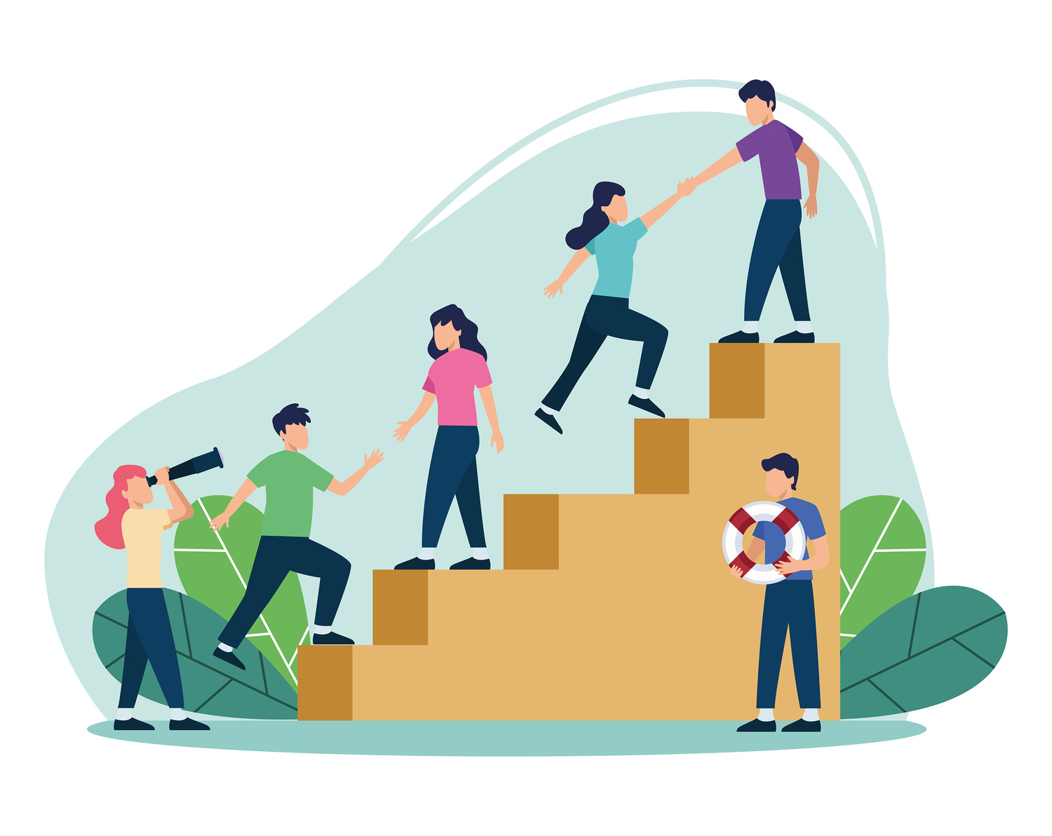 six support persons characters / Jemastock - stock.adobe.com six support persons in stairs characters